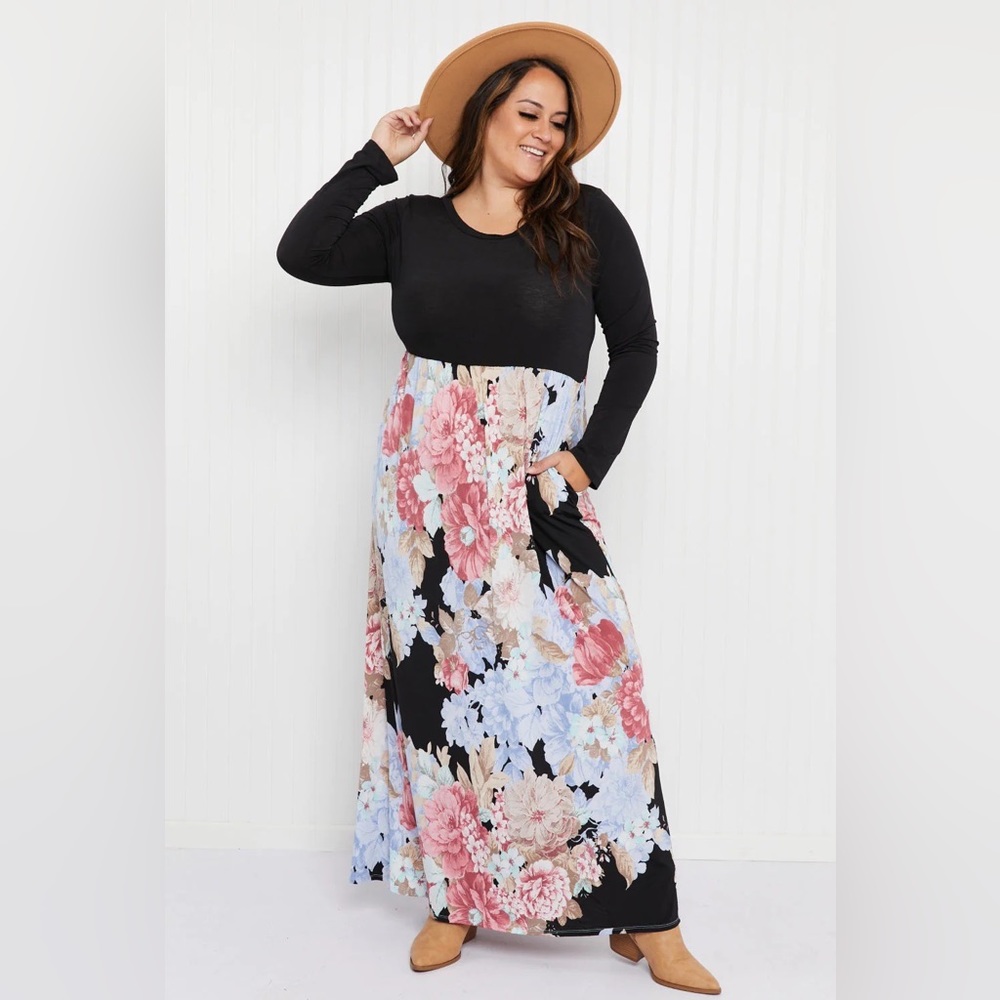 NWT | Black and Floral Long Sleeve Maxi Dress | Pockets | Sew In Love| Flowy